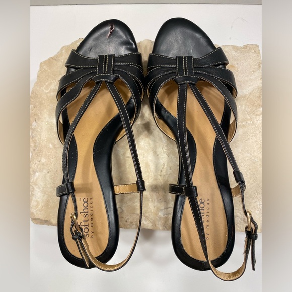 Softshoe by Medicus Black Leather Slingback Peep Toe Low Heel Sandals Sz 9.5 - Picture 7 of 16